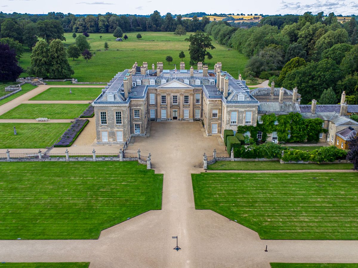 Aerial view of a grand country estate and gardens