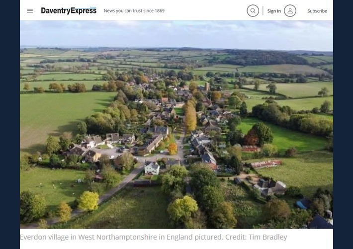 Daventry Express article on Everdon Outdoor Learning Centre's 50th anniversary, with an aerial photo of Everdon village credited to Tim Bradley